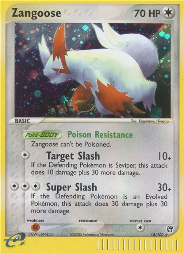 Carta Zangoose, número 14/100 da coleção Sandstorm