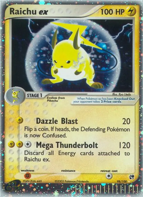 Carta Raichu ex, número 98/100 da coleção Sandstorm
