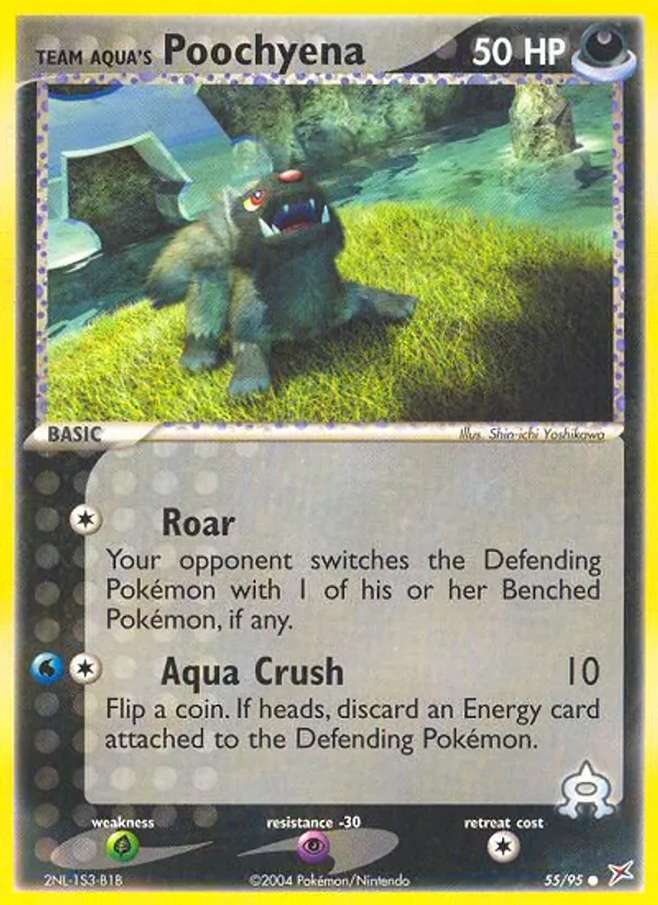 Carta Team Aqua's Poochyena, número 55/95 da coleção Team Magma vs Team Aqua