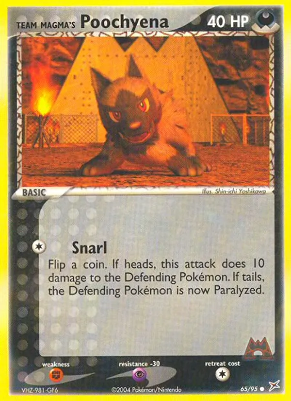 Carta Team Magma's Poochyena, número 65/95 da coleção Team Magma vs Team Aqua