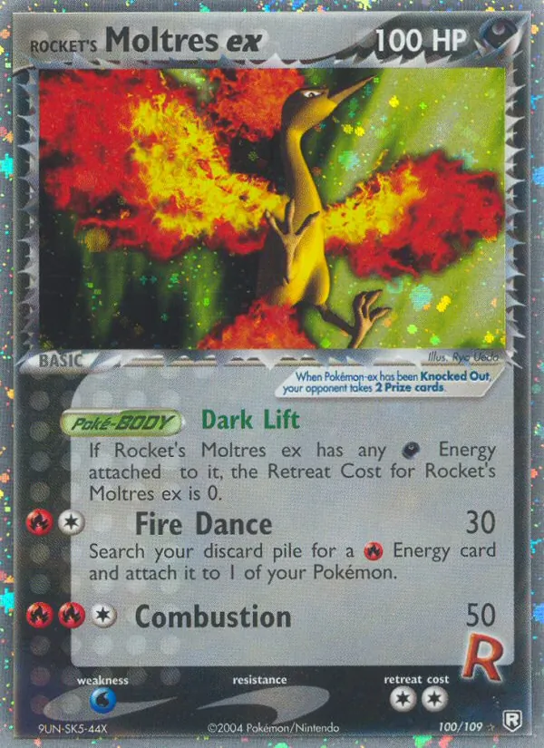 Carta Rocket's Moltres ex, número 100/109 da coleção EX O Retorno da Equipe Rocket 