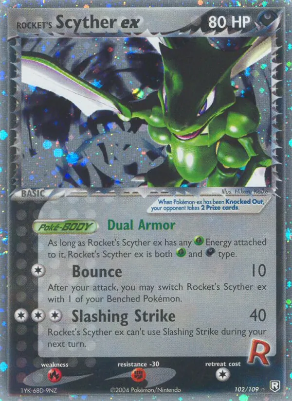 Carta Rocket's Scyther ex, número 102/109 da coleção EX O Retorno da Equipe Rocket 