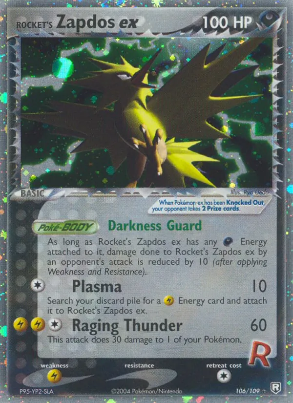 Carta Rocket's Zapdos ex, número 106/109 da coleção EX O Retorno da Equipe Rocket