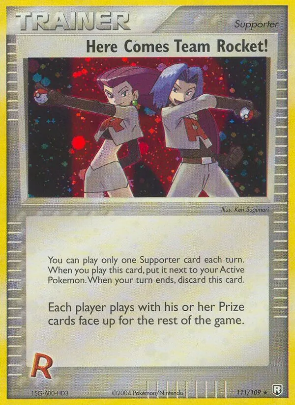 Carta Here Comes Team Rocket!, número 111/109 da coleção EX O Retorno da Equipe Rocket