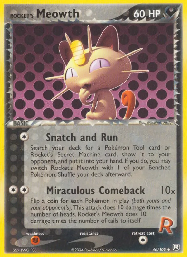 Carta Rocket's Meowth, número 46/109 da coleção EX O Retorno da Equipe Rocket