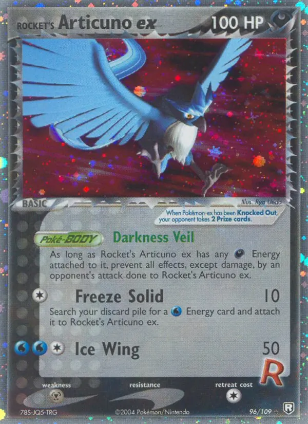 Carta Rocket's Articuno ex, número 96/109 da coleção EX O Retorno da Equipe Rocket