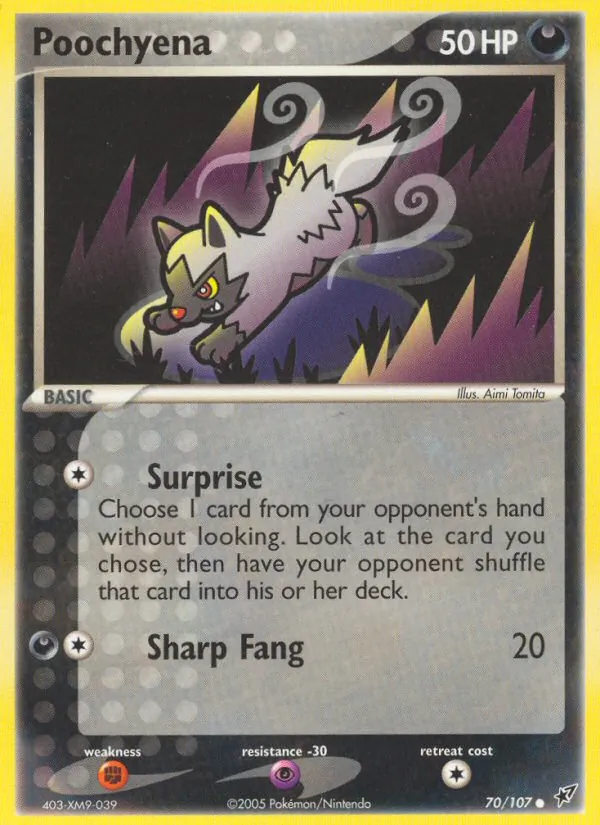Carta Poochyena, número 70/107 da coleção EX Deoxys