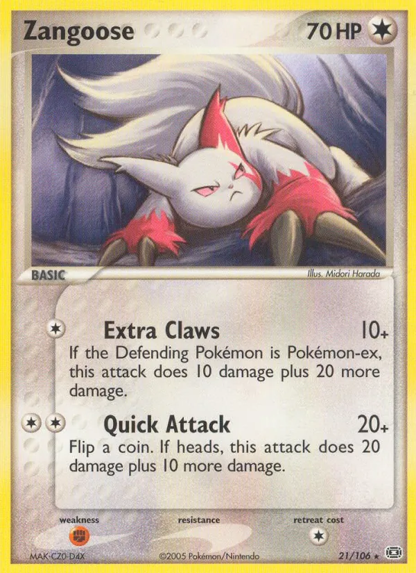 Carta Zangoose, número 21/106 da coleção EX Esmeralda