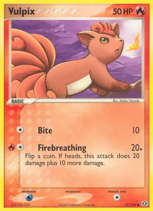 Carta Vulpix, número 72/106 da coleção EX Esmeralda