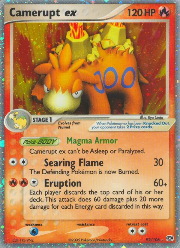 Carta Camerupt ex, número 92/106 da coleção EX Esmeralda