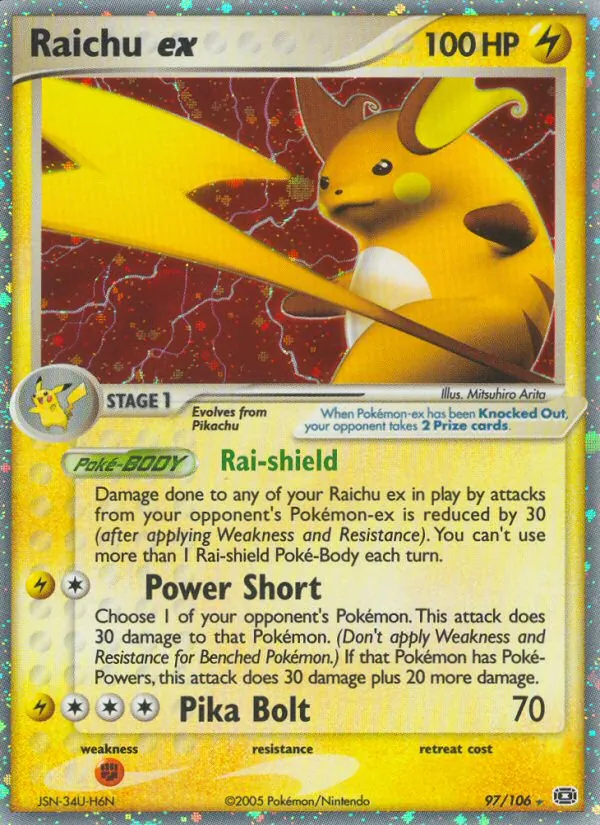 Carta Raichu ex, número 97/106 da coleção EX Esmeralda