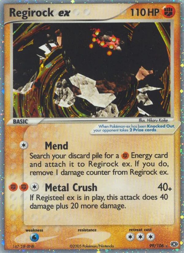 Carta Regirock ex, número 99/106 da coleção EX Esmeralda