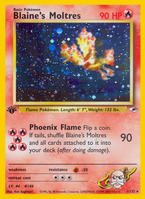 Carta Blaine's Moltres, número 1/132 da coleção Gym Heroes