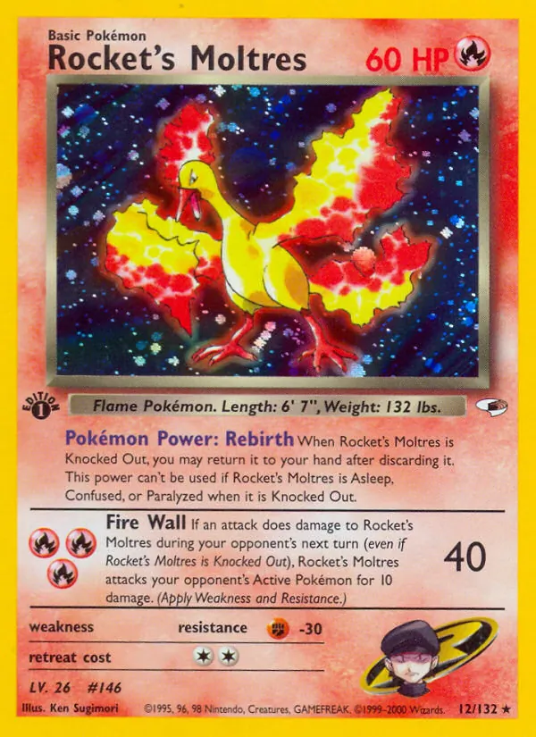 Carta Rocket's Moltres, número 12/132 da coleção Gym Heroes