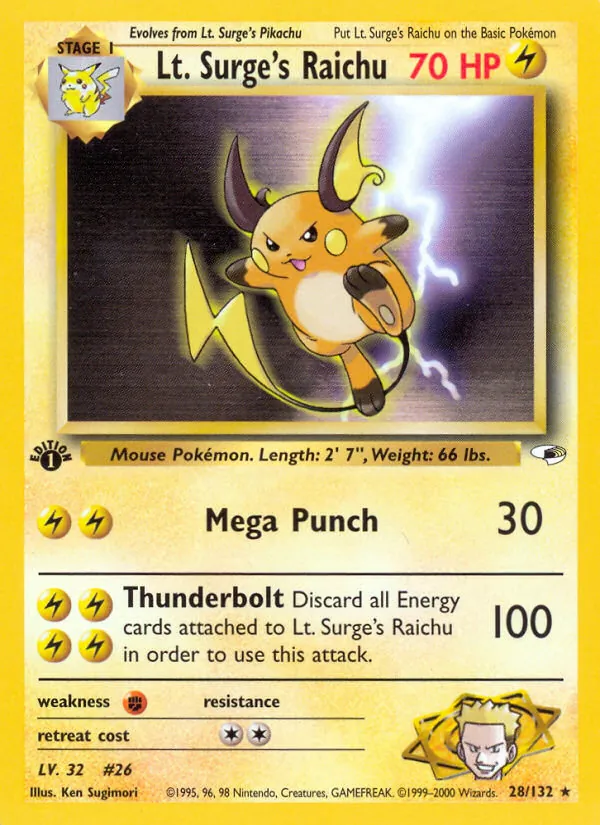 Carta Lt. Surge's Raichu, número 28/132 da coleção Gym Heroes