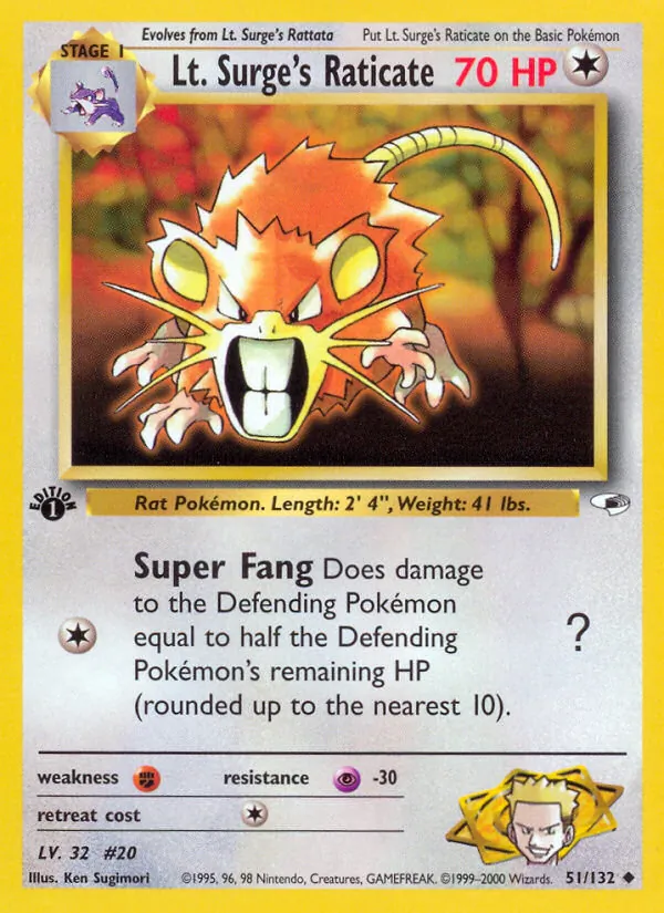 Carta Lt. Surge's Raticate, número 51/132 da coleção Gym Heroes