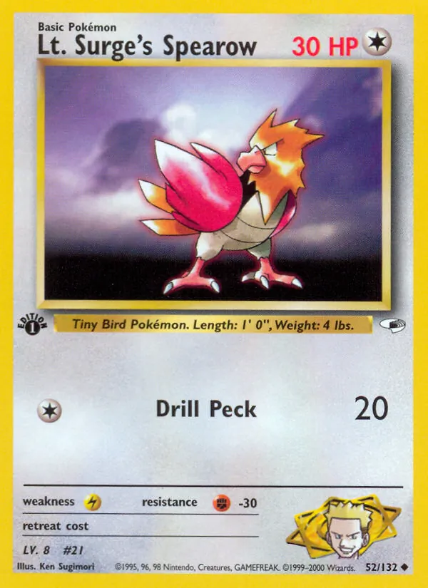 Carta Lt. Surge's Spearow, número 52/132 da coleção Gym Heroes