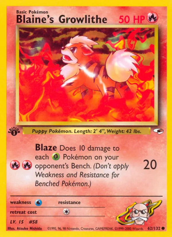 Carta Blaine's Growlithe, número 62/132 da coleção Gym Heroes