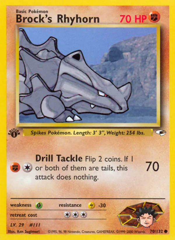 Carta Brock's Rhyhorn, número 70/132 da coleção Gym Heroes