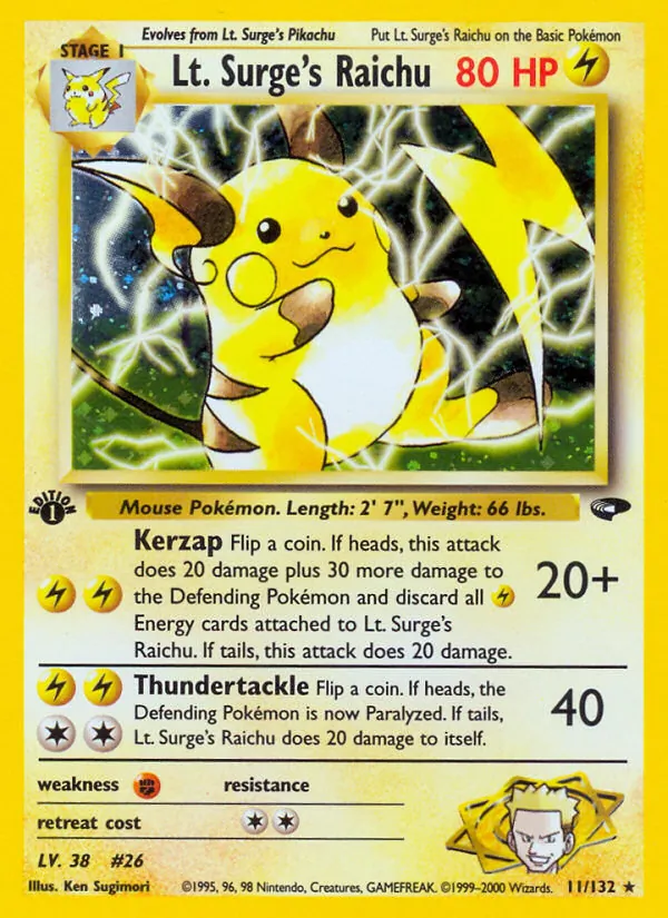 Carta Lt. Surge's Raichu, número 11/132 da coleção Gym Challenge