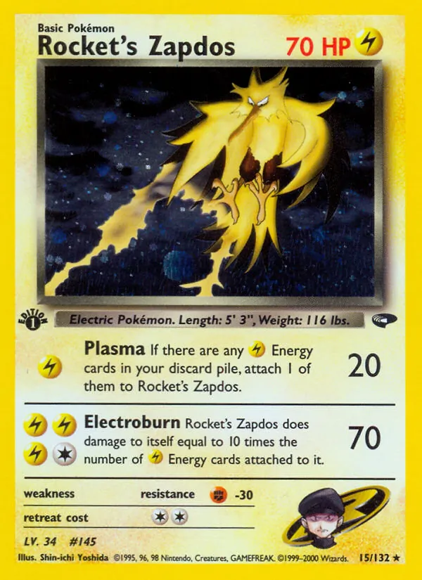 Carta Rocket's Zapdos, número 15/132 da coleção Gym Challenge