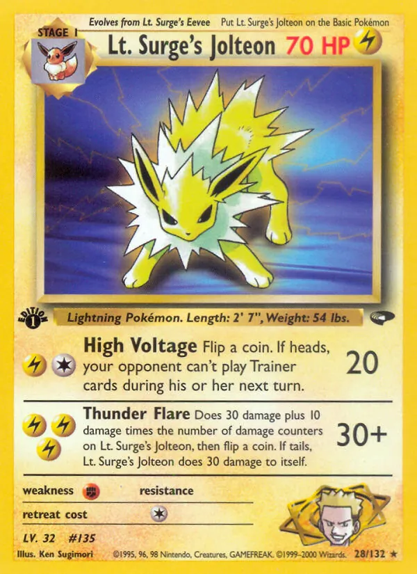 Carta Lt. Surge's Jolteon, número 28/132 da coleção Gym Challenge
