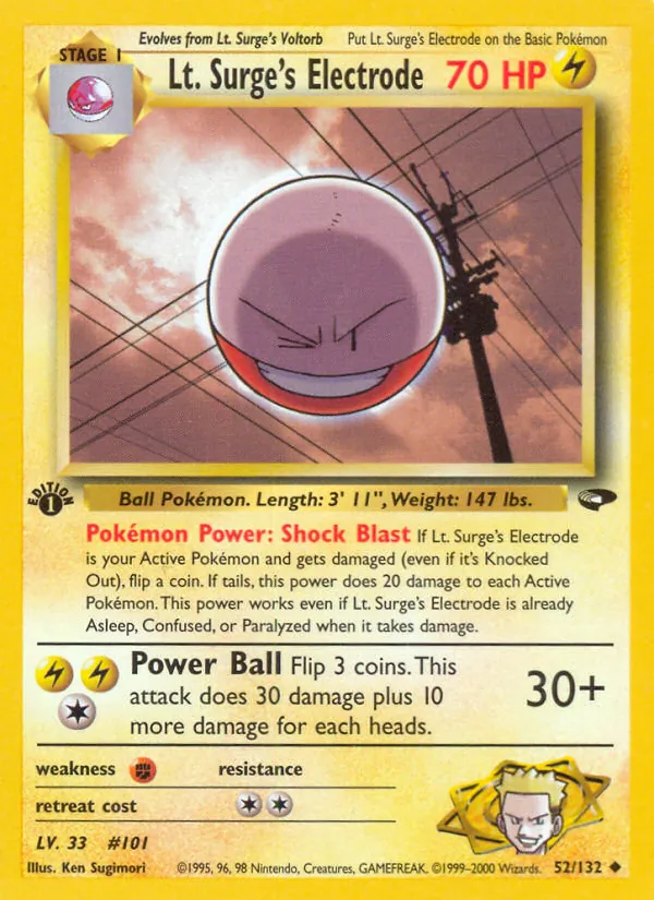 Carta Lt. Surge's Electrode, número 52/132 da coleção Gym Challenge
