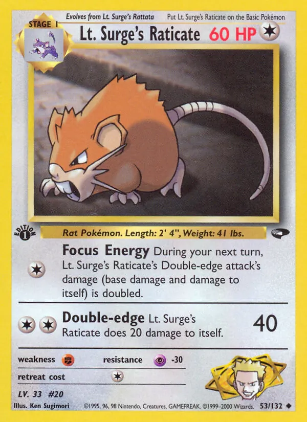 Carta Lt. Surge's Raticate, número 53/132 da coleção Gym Challenge