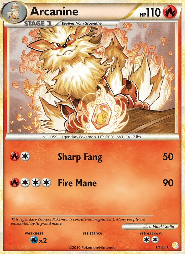 Carta Arcanine, número 1/123 da coleção HeartGold SoulSilver
