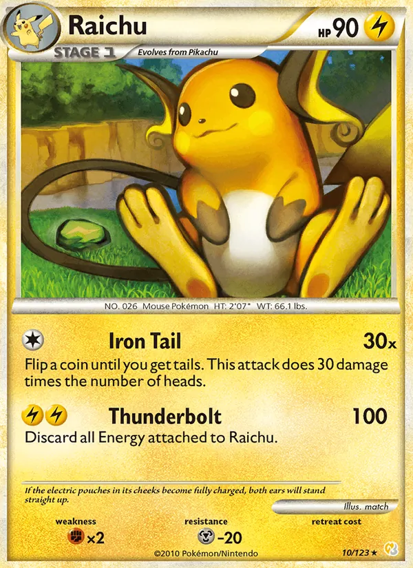 Carta Raichu, número 10/123 da coleção HeartGold SoulSilver