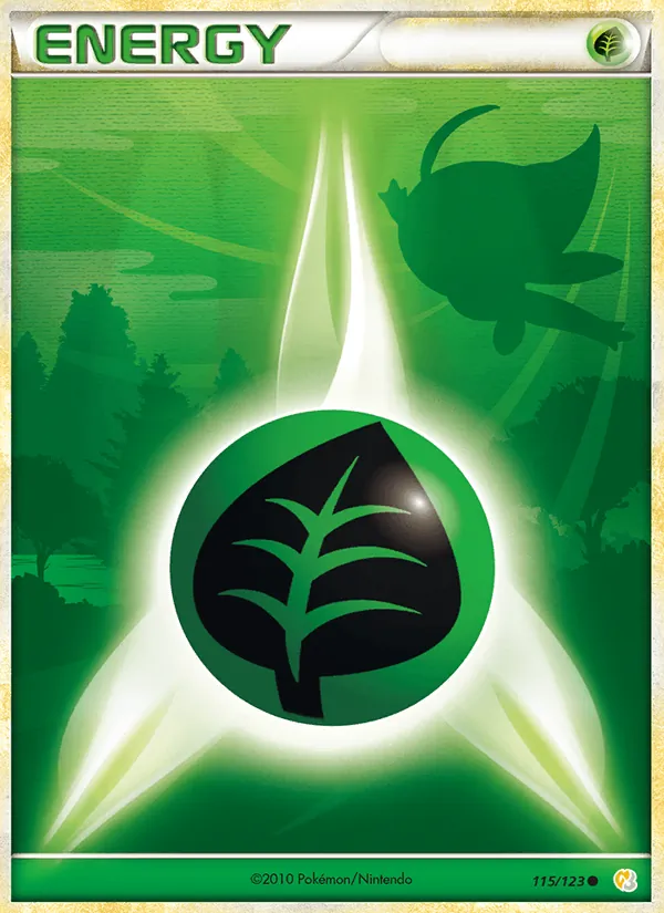 Carta Grass Energy, número 115/123 da coleção HeartGold SoulSilver