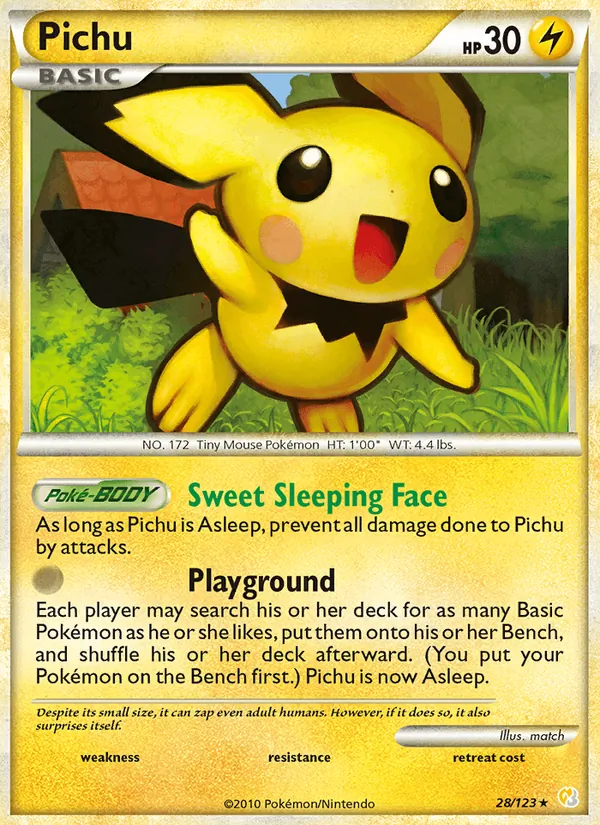 Carta Pichu, número 28/123 da coleção HeartGold SoulSilver