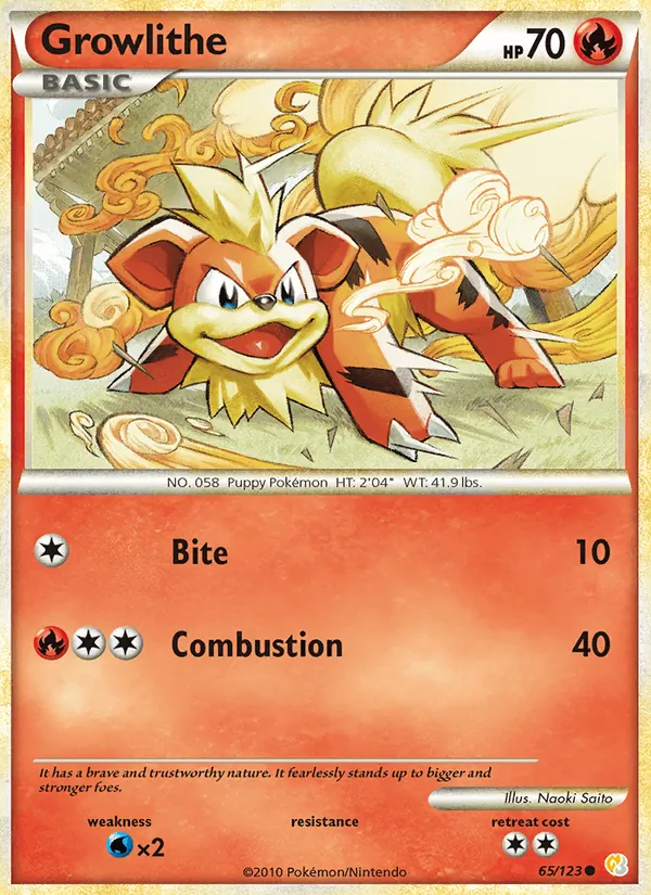 Carta Growlithe, número 65/123 da coleção HeartGold SoulSilver