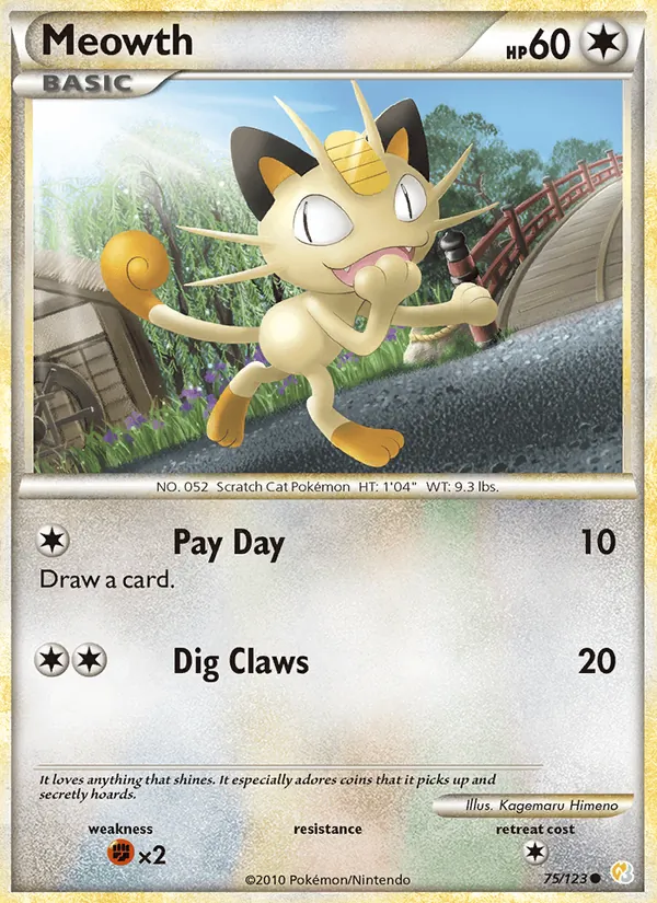 Carta Meowth, número 75/123 da coleção HeartGold SoulSilver