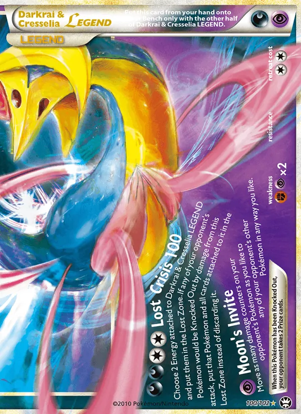 Carta Darkrai & Cresselia LEGEND, número 100/102 da coleção Triunfante