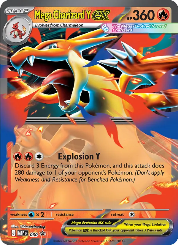 Carta Mega Charizard Y ex, número 030/0 da coleção MEP Black Star Promos