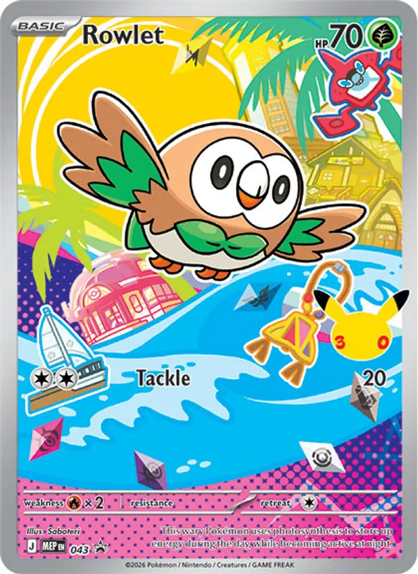 Carta Rowlet, número 043 da coleção MEP Black Star Promos