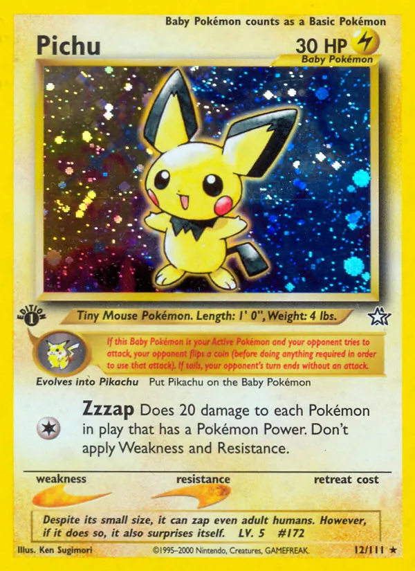 Carta Pichu, número 12/111 da coleção Neo Genesis