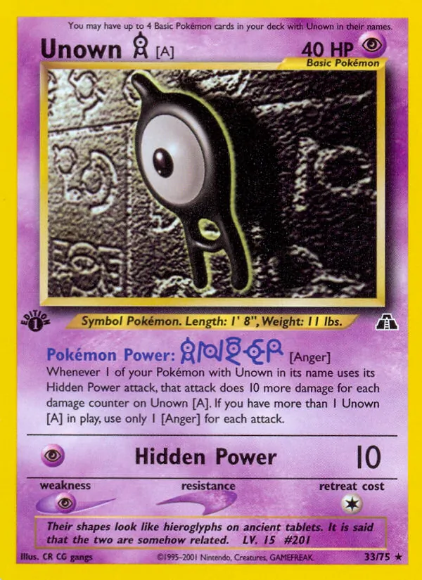 Carta Unown [A], número 33/75 da coleção Neo Discovery