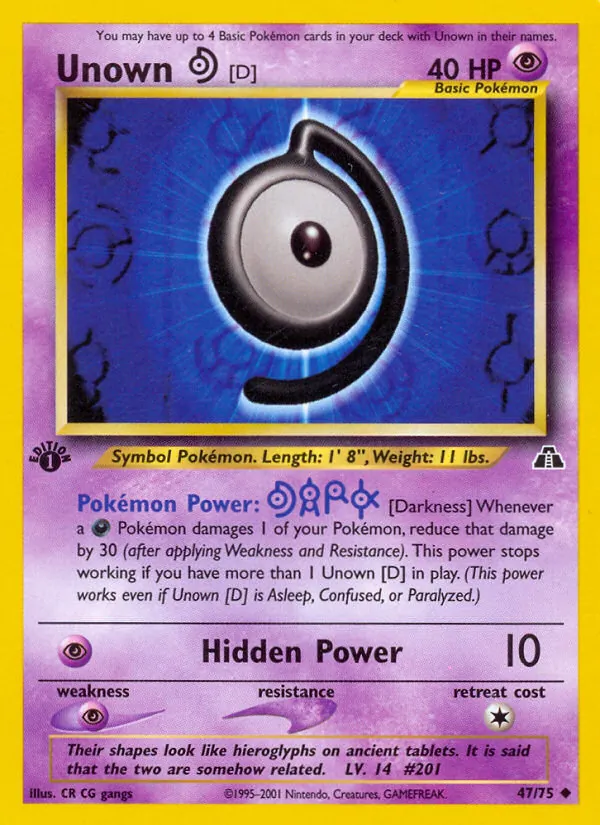 Carta Unown [D], número 47/75 da coleção Neo Discovery