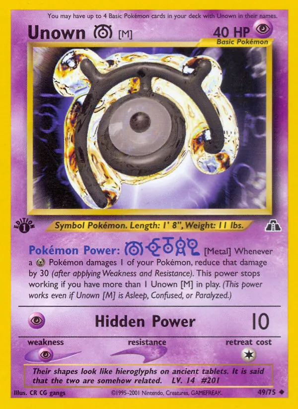 Carta Unown [M], número 49/75 da coleção Neo Discovery