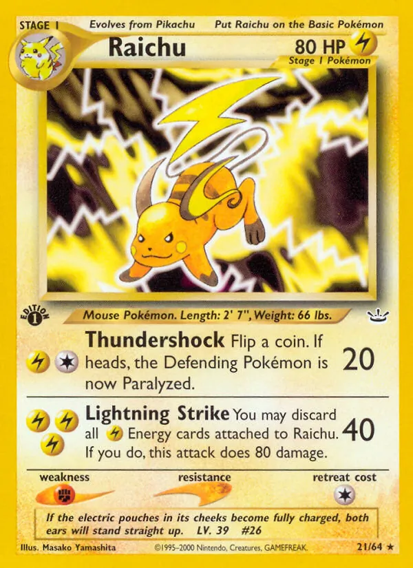 Carta Raichu, número 21/64 da coleção Neo Revelation