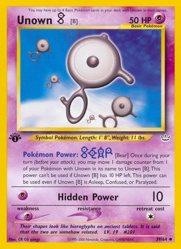 Carta Unown [B], número 39/64 da coleção Neo Revelation