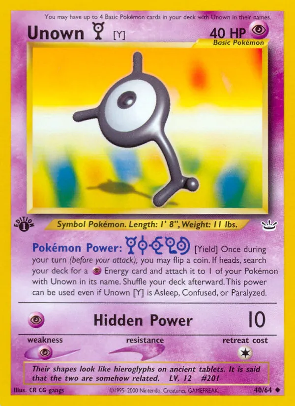 Carta Unown [Y], número 40/64 da coleção Neo Revelation