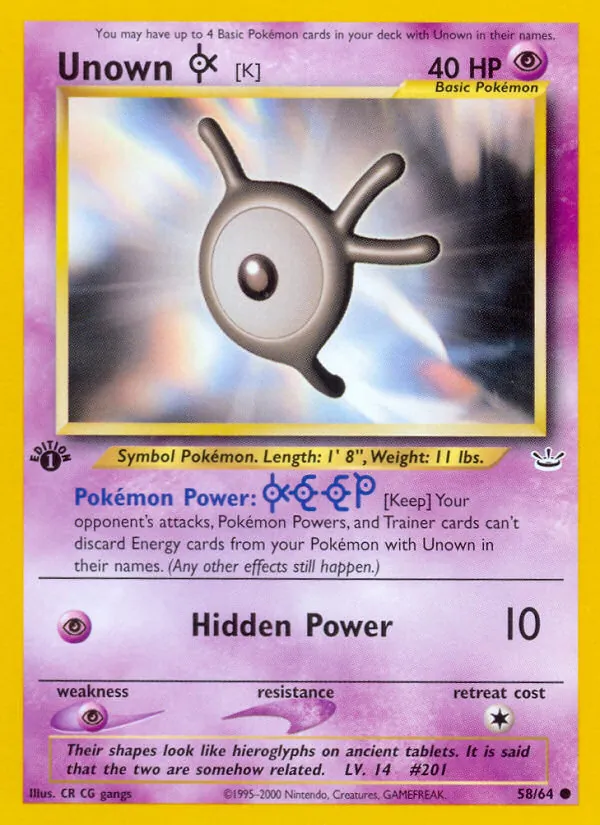 Carta Unown [K], número 58/64 da coleção Neo Revelation