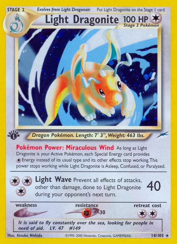 Carta Light Dragonite, número 14/105 da coleção Neo Destiny