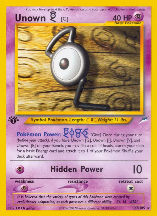 Carta Unown [G], número 27/105 da coleção Neo Destiny