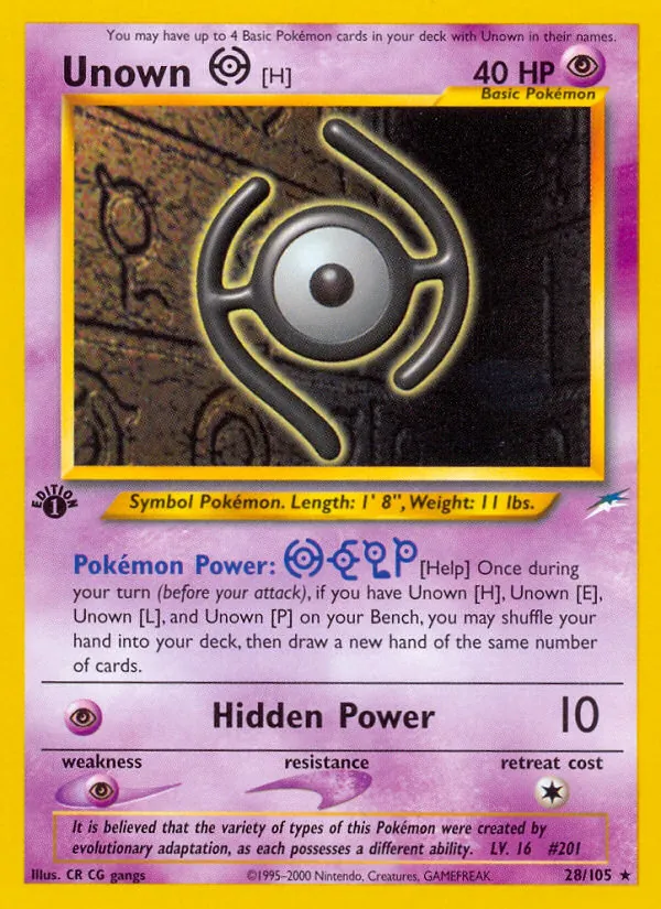 Carta Unown [H], número 28/105 da coleção Neo Destiny