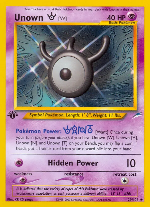 Carta Unown [W], número 29/105 da coleção Neo Destiny