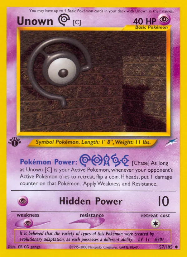 Carta Unown [C], número 57/105 da coleção Neo Destiny